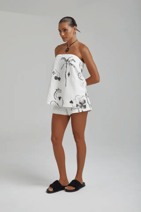 Strapless Shirt Top Black Dragon Of Hearts by Summi Summi, lightweight linen-rayon blend with elastic back panel, perfect for trendy viral warm-weather looks and sleek casual style.