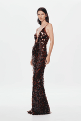 Sapphire Sequin Dress Fig by Misha — A shimmering maxi with plunging V-neck, slim fit, voluminous hem, and low-back design. Perfect for standout evenings.