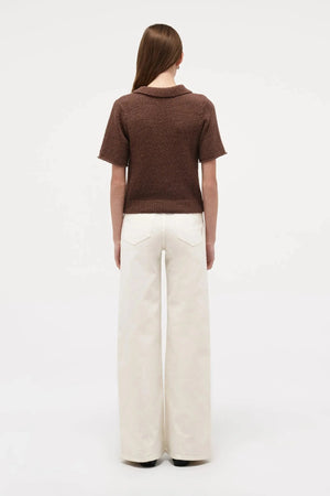 Neuw Denim Cecil Knit Polo in Espresso, cropped knit tee with polo collar, ribbed hems, and retro-inspired silhouette.