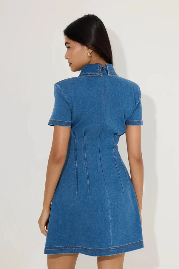 Cotton Mix Denim Collared Mini Dress Light Blue by Odd Muse, structured denim mini dress, perfect for day