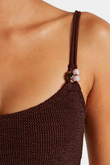 Cassie Beaded Bikini Metallic Chocolate by Hunza G, crinkle bikini with beaded straps, perfect for beach or pool styling
