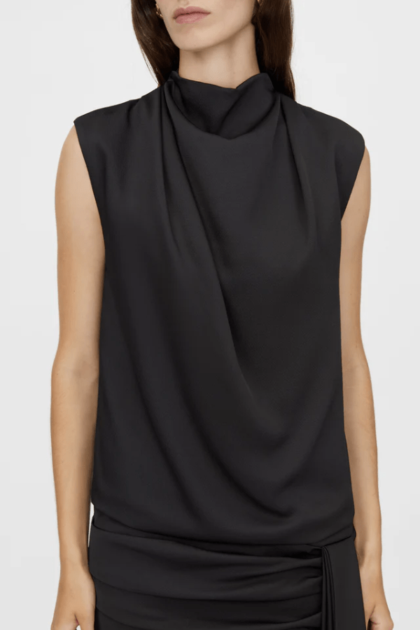 Cyphre Mini Dress Black by Camilla and Marc – A sleek draped mini with high neckline and gathered hem ties, blending modern elegance and comfort for chic evenings out.
