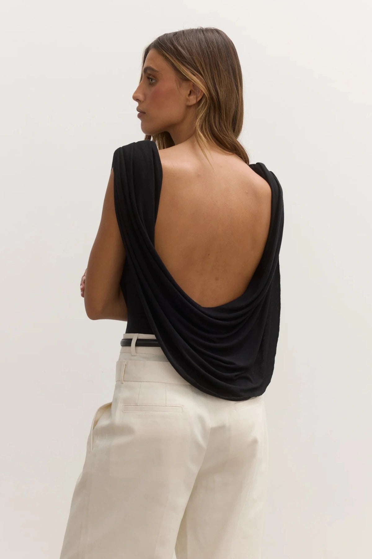 Bayse Flora Bodysuit in Shadow, a stretch-fit design with draped cowl neckline and matching low back detail.