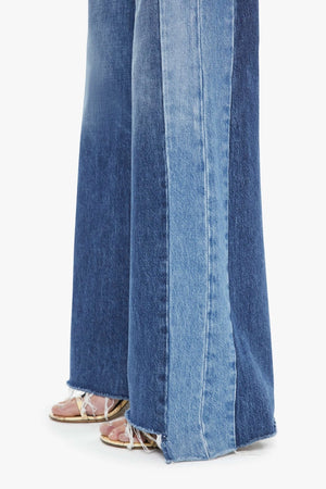 The Tux Sidestepper Sneak Fray Double Take by Mother, wide leg rigid jeans with frayed hem, perfect for edgy everyday styling