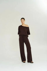 Lounge Pant in Chocolate by Summi Summi, a relaxed cotton slub knit pant with a flared leg and soft, comfortable drape.