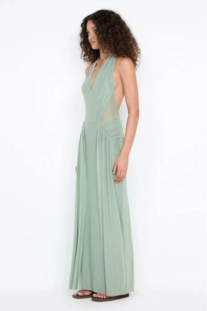 Juniper Halter Maxi Dress by Bec and Bridge, pistachio mesh maxi with sheer waist cut-outs and sculpted drape.