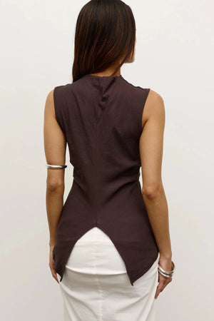 Nora Top in Charcoal by Bayse, a fitted cotton top with ruched keyhole detail, high neckline, and pointed back hem.
