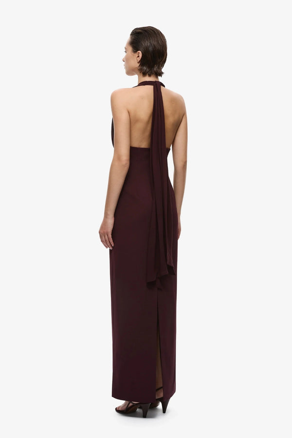 The Capezza Silk Dress Currant by Misha, halter silk midi dress with draped wrap neckline and fitted skirt