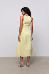 Cotton Mix Cinched Midi Dress Lemon by Odd Muse, structured midi dress with boned bodice and full skirt