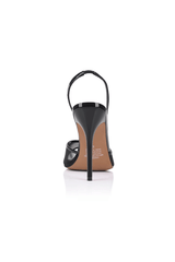 Maddison Sandal Black Mesh & Patent Leather by Lana Wilkinson, sheer slingback heel with glossy trim for bold and elegant evening looks.