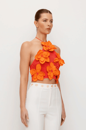 La Monada Knit Top Coral by The Wolf Gang, a bold and trendy piece with asymmetric neckline and cut-outs, crafted from soft ribbed knit, perfect for elevated, fashion-forward looks.