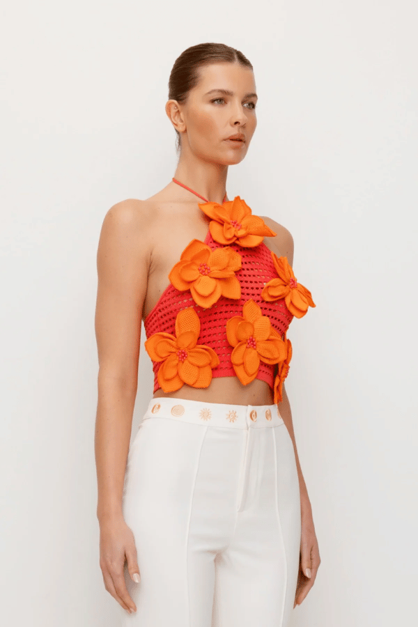 La Monada Knit Top Coral by The Wolf Gang, a bold and trendy piece with asymmetric neckline and cut-outs, crafted from soft ribbed knit, perfect for elevated, fashion-forward looks.