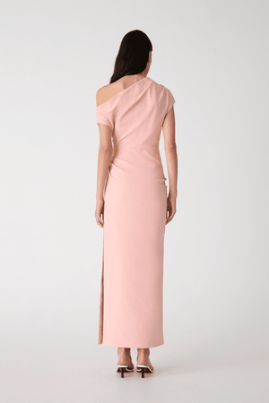 Gia Midi Dress Rose Quartz Pink by Misha – A structured sateen midi with asymmetric neckline and pleat detail, exuding refined modern glamour.