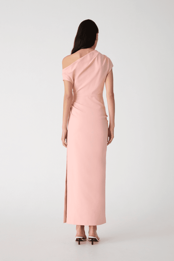 Gia Midi Dress Rose Quartz Pink by Misha – A structured sateen midi with asymmetric neckline and pleat detail, exuding refined modern glamour.