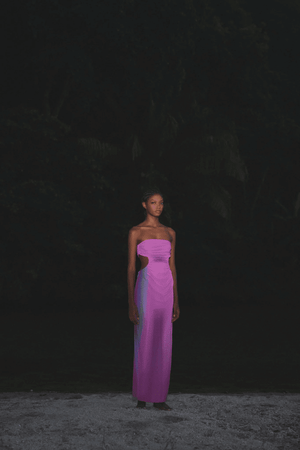 Lila Dress Enchanted by Baobab – Strapless mesh maxi with cutouts, ruching, and a twistable design for multiway styling.