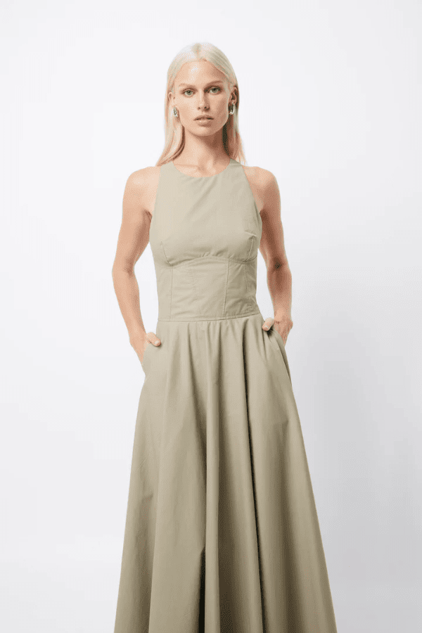 Homage Maxi Dress Eucalyptus by Mossman – A trendy, breathable cotton maxi with a flattering A-line flare and sleek design, perfect for stylish warm-weather days.