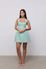 Cotton Pinstripe Mini Dress Green by Odd Muse, halter mini dress with cinched waist and classic pinstripe design