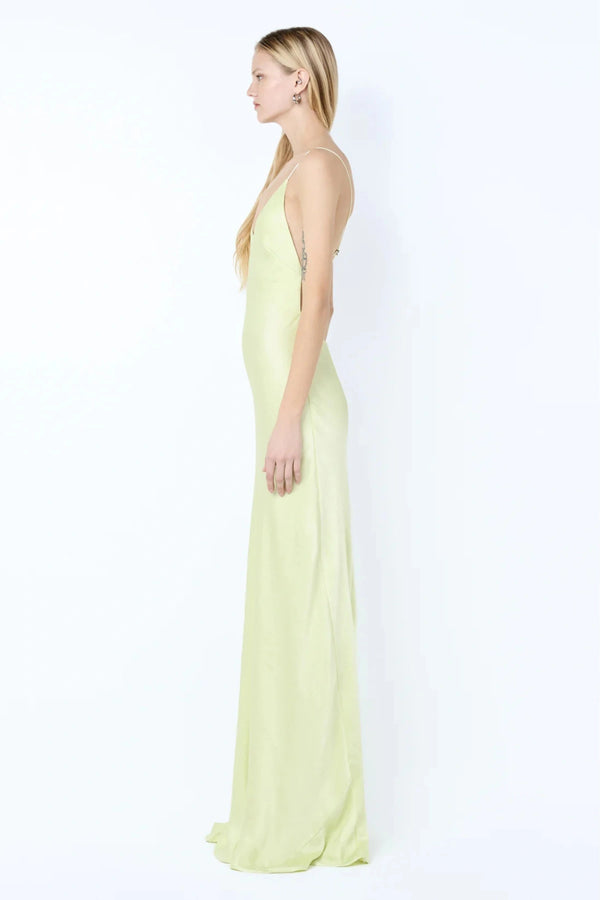Florence Scoop Maxi Dress by Bec + Bridge — wasabi green bias-cut maxi with plunge neckline and strappy open back.