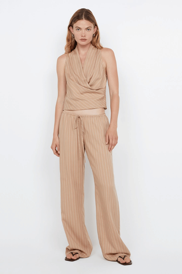 Almeria Wrap Top Camel Stripe by Bec + Bridge – Trendy wrap top with draped V-neck and racer back, perfect for effortless warm-weather elegance and viral summer looks.
