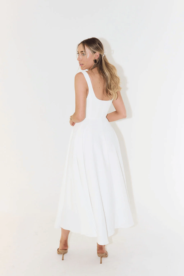 Ultimate Muse High Waist Square Neck Midi Dress White by Odd Muse – Elegant square neck midi with built-in cups and zipper.