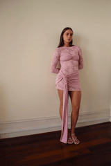 Ortigia Dress Dusty Pink by Deconduarte – Trendy sheer lace bodice with backless design, adjustable mini skirt, and stretch fit, perfect for chic, versatile seasonal occasions.