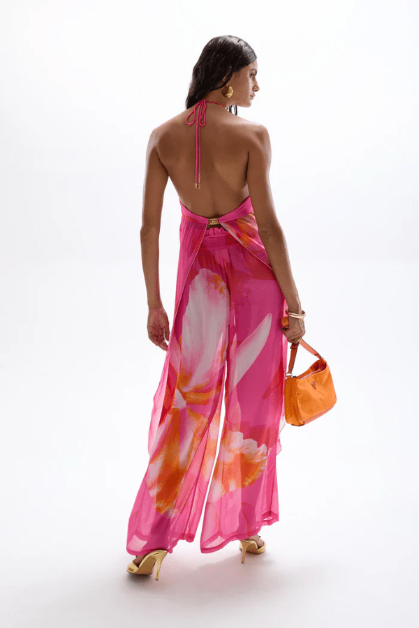 Coral Drape Top Wildflower by Cin Cin, delicate halter-neck with gold clasp and watercolor Wildflower print, perfect for trendy viral soirées and luxe poolside style.