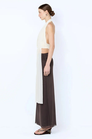 Eva Drape Top by Bec and Bridge, snow white mesh halter top with deep plunge and elegant gathered sash drape.