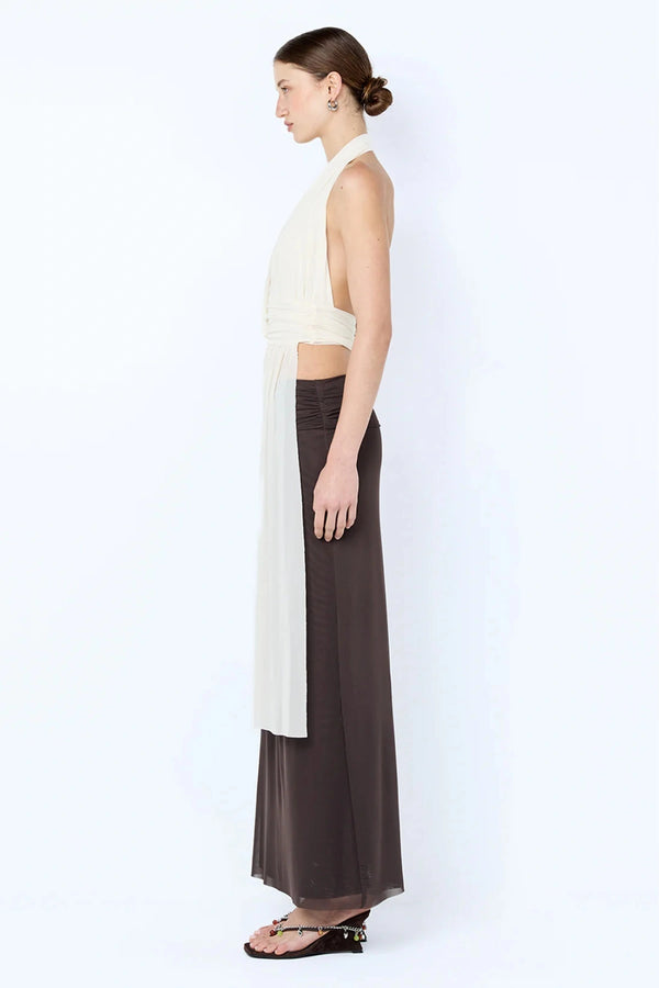 Eva Drape Top by Bec and Bridge, snow white mesh halter top with deep plunge and elegant gathered sash drape.