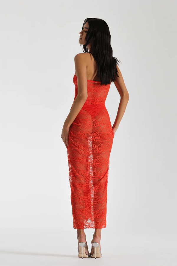 Naomi Dress Tangerine by Natalie Rolt – A strapless lace dress with ruched knot detail and soft draping, perfect for summer weddings, garden parties, or sunset soirées.
