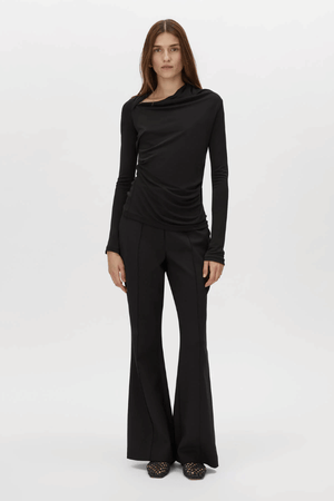 Mai Long Sleeve Top Black by Camilla and Marc – asymmetric twisted neckline with side tucks and sleek lining, perfect for elegant nights or polished day looks.