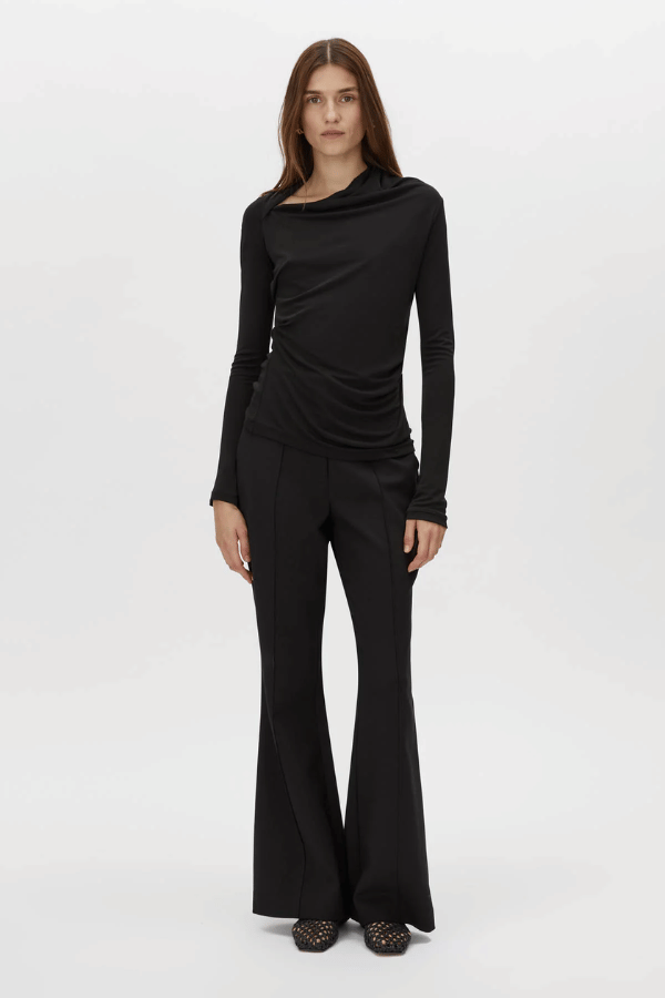 Mai Long Sleeve Top Black by Camilla and Marc – asymmetric twisted neckline with side tucks and sleek lining, perfect for elegant nights or polished day looks.