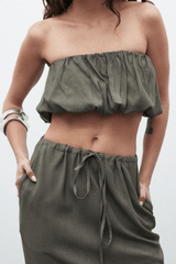 Juliana Top Slate by Bayse, gathered bubble design with elastic hems and structured boning, perfect for trendy viral summer looks and chic coordinated outfits.