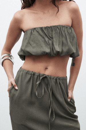 Juliana Top Slate by Bayse, gathered bubble design with elastic hems and structured boning, perfect for trendy viral summer looks and chic coordinated outfits.