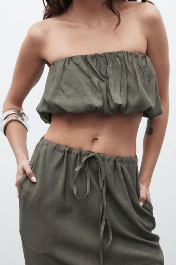 Juliana Top Slate by Bayse, gathered bubble design with elastic hems and structured boning, perfect for trendy viral summer looks and chic coordinated outfits.