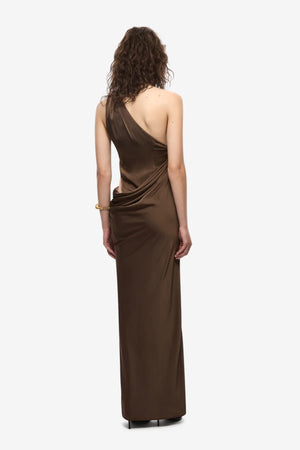 Isadora Satin Dress Carafe by Misha - one shoulder satin maxi dress with waist ruching and subtle hip cut out, perfect for elegant evening events.