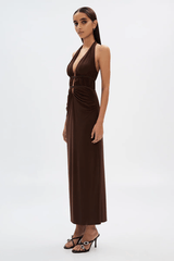 The Celine Mesh Dress Espresso by Misha – A chic midi dress with a mesh bodice, gunmetal clasp details, and figure-hugging silhouette, perfect for day-to-night events.