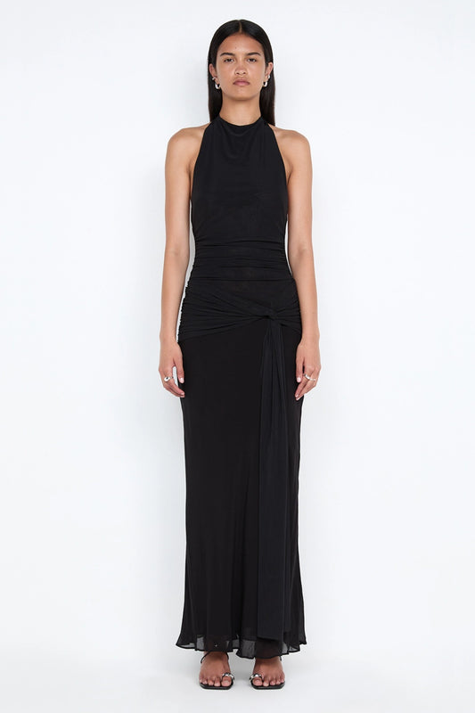 Jasmin Halter Dress Lemon Sorbet by Bec + Bridge, halter maxi dress with low back, perfect for weddings or evening styling