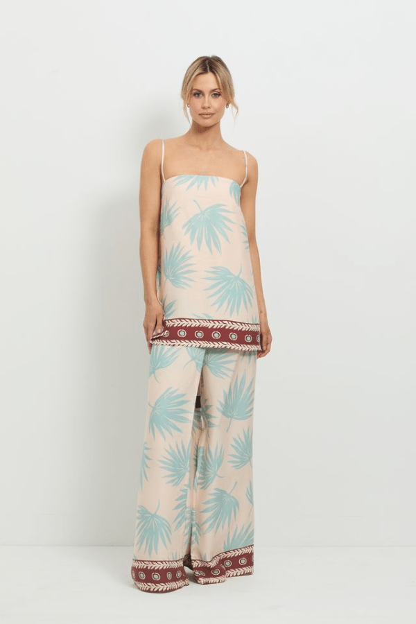 Summer Fling Pant Multi by Pasduchas, soft-touch Tencel with exclusive palm print, high waist, invisible zip, perfect for resort and warm days