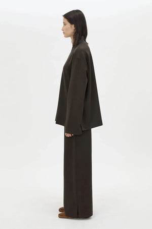 Bessette Pant in Espresso by Camilla and Marc, a tailored mid-rise lounge pant with hem splits for modern everyday polish.