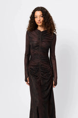 Siren Midi Dress Snake Print by Mossman, sheer mesh midi dress with long sleeves, perfect for statement evening styling