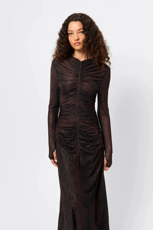 Siren Midi Dress Snake Print by Mossman, sheer mesh midi dress with long sleeves, perfect for statement evening styling