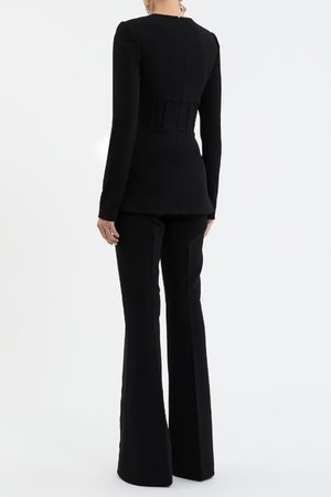 Bethany Top Black by Rebecca Vallance – A chic, structured bonded crepe top with a corseted silhouette, cowl bust, and sleek details for stylish desk-to-dinner looks.