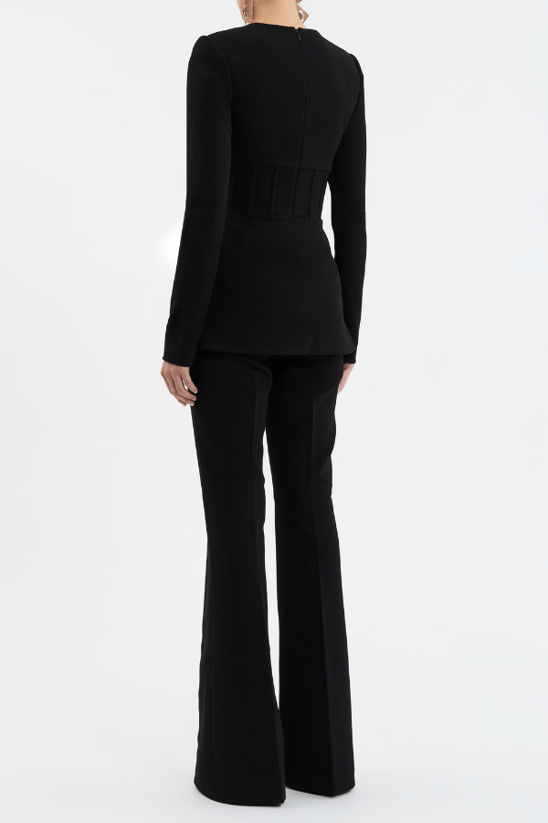 Bethany Top Black by Rebecca Vallance – A chic, structured bonded crepe top with a corseted silhouette, cowl bust, and sleek details for stylish desk-to-dinner looks.