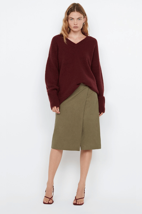 Campbell V Neck Jumper Plum by Bec + Bridge – Soft mohair blend knit with a flattering V neckline, ribbed collar and cuffs. Relaxed fit with dropped shoulders and pull-on style. Cold hand wash.
