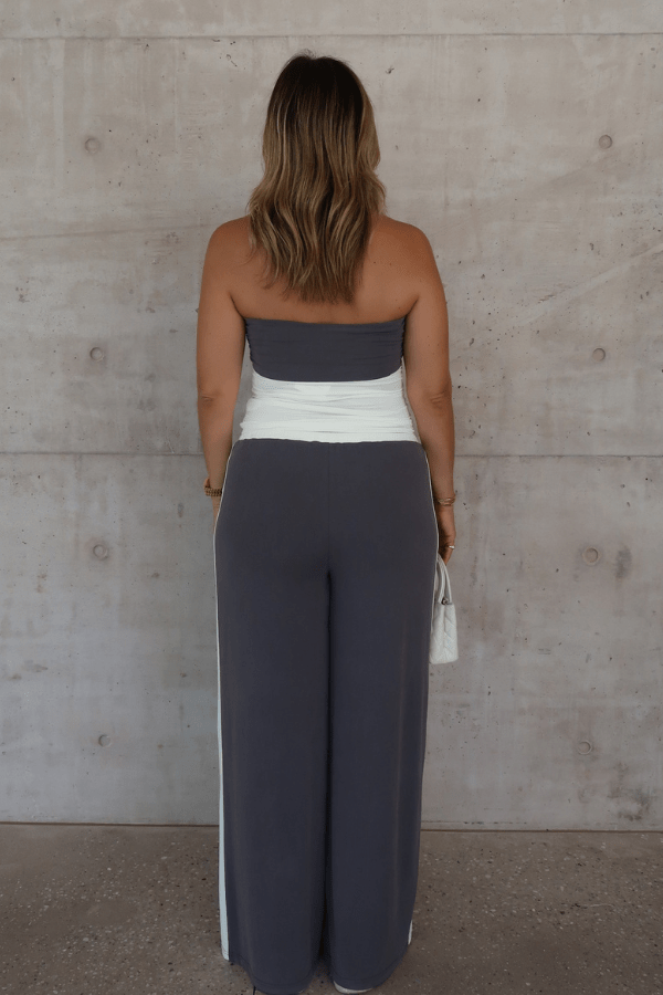 Hunter Pant Steel/Ivory by Sneaky Link, luxe viscose blend pants with contrast waistband and sporty side stripe. Perfect for viral casual days and cool girl vibes.