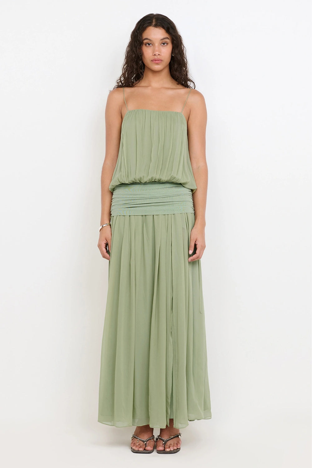Camille Blouson Dress by Bec + Bridge — pistachio georgette maxi dress with gathered neckline, mesh waist panel and front split.