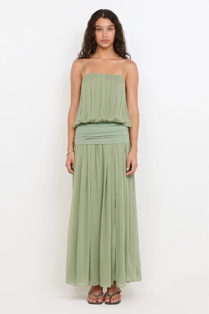 Camille Blouson Dress by Bec + Bridge — pistachio georgette maxi dress with gathered neckline, mesh waist panel and front split.