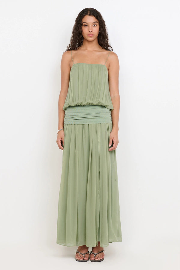 Camille Blouson Dress by Bec + Bridge — pistachio georgette maxi dress with gathered neckline, mesh waist panel and front split.