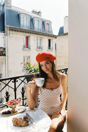 Hugo Singlet by KATH The Label, soft ribbed cotton with red heart print and bows. Perfect for lounging, layering, or sleepwear.