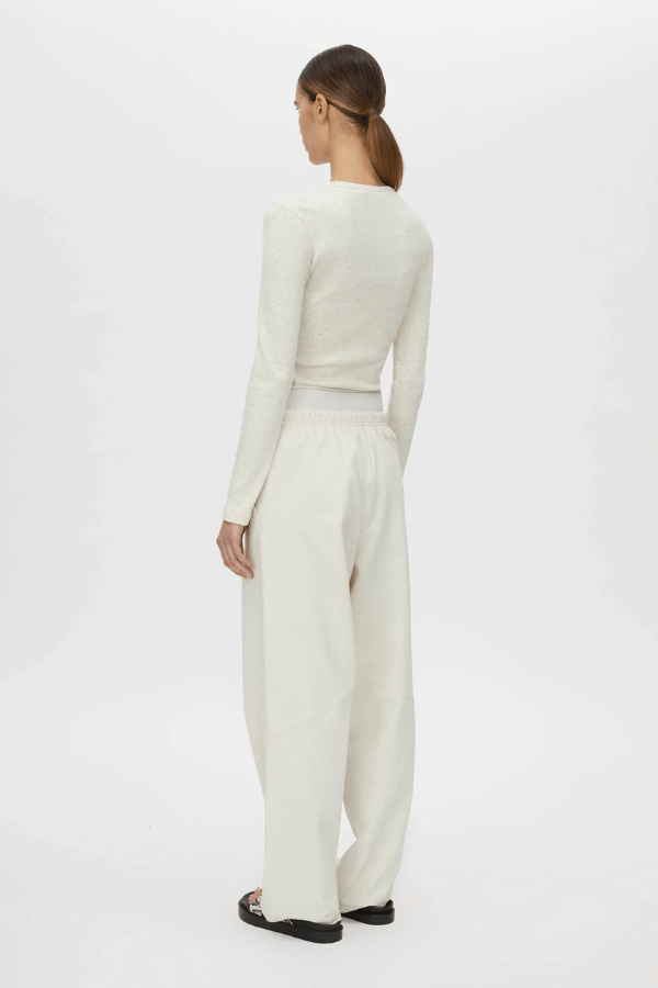 Cella Monogram Elastic Pant White by Camilla and Marc, relaxed mid-rise pants with monogram waistband, slant pockets, and panel detailing.